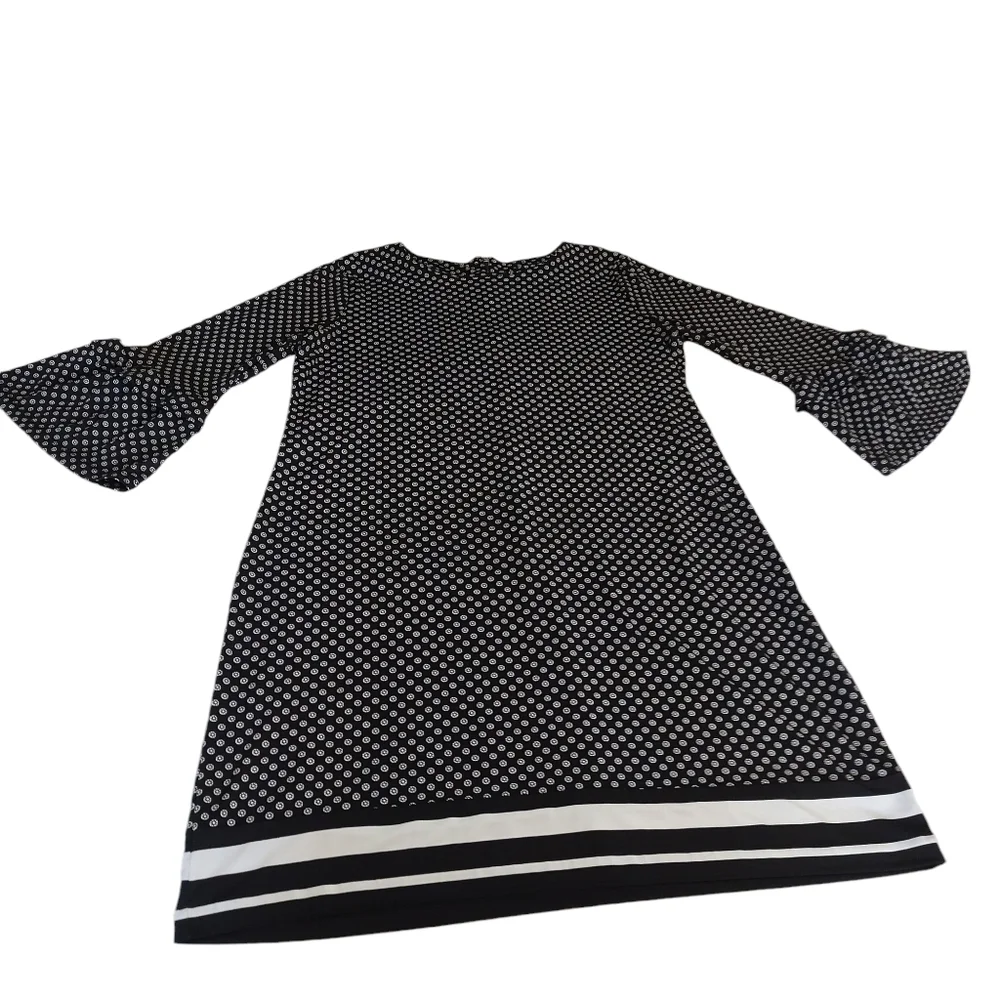 Michael Kors Dress Black White 3/4 Flare Sleeve Round Neck Stretch Size M